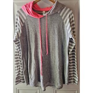 Flamingo Gray Striped Cowl Neck Hoodie Top Womens Medium Large Pink Accent